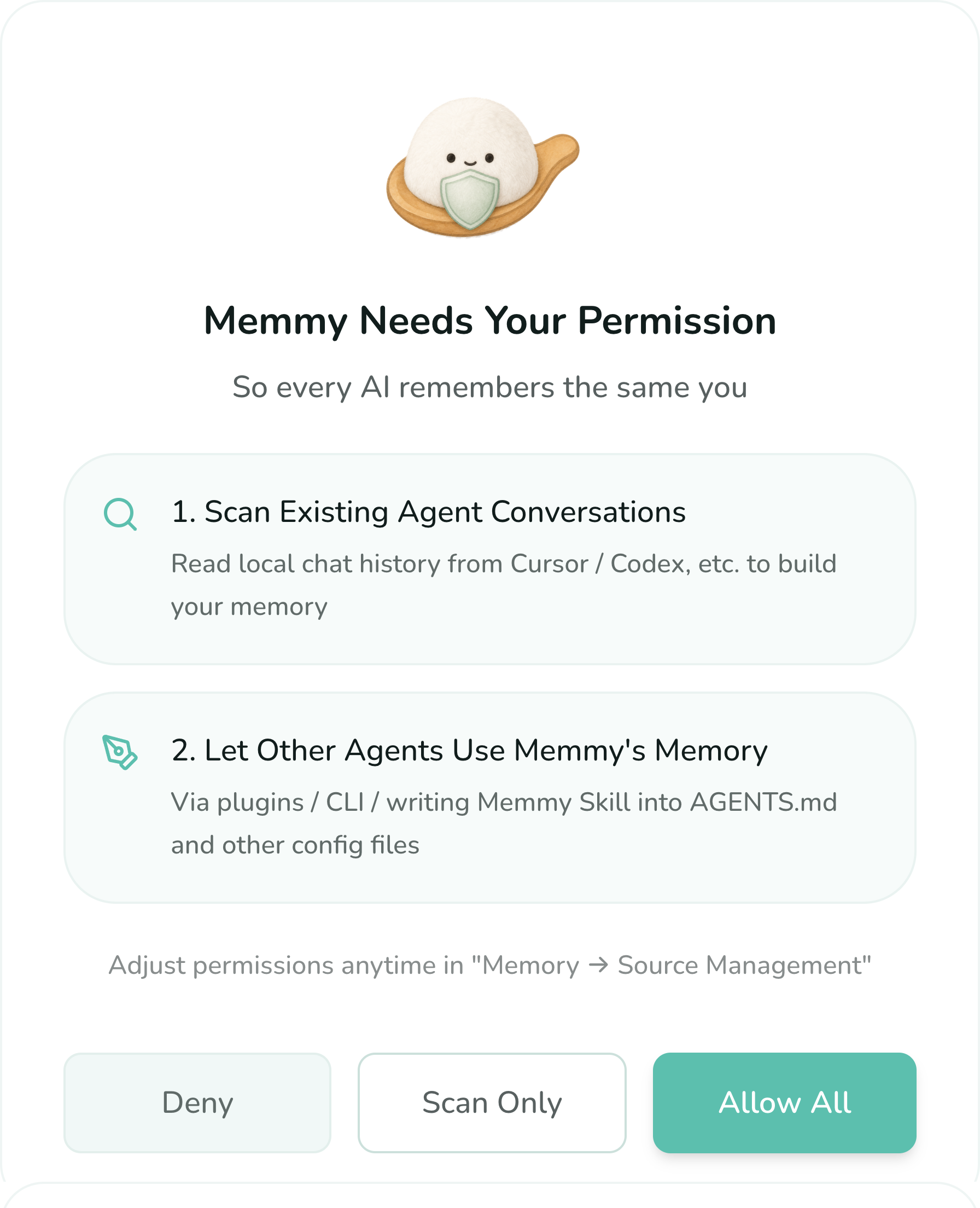 Memmy authorization and scan screen